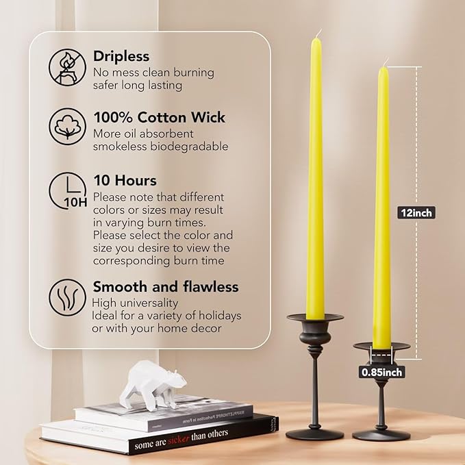 12-Inch Tall Dripless Taper Candles Set of 4 - Yellow Tapered Candles, Perfect for Spring - Smokeless, Unscented, Long Burning - Hand Poured, Colored Tall Candlesticks - Light Yellow