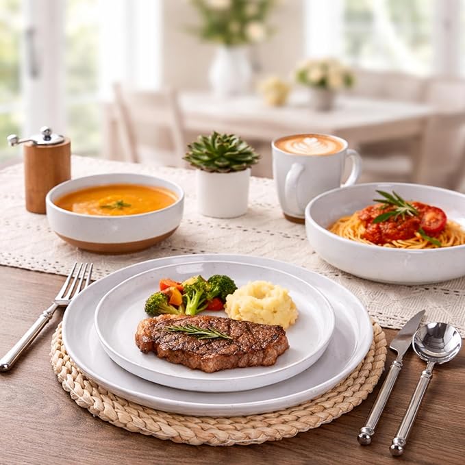AmorArc Ceramic Dinnerware Sets with Pasta Bowls for 8, Handpainted Plates and Bowls Set with Rustic Terracotta Underside, Scratch Resistant Dishes Set, Dishwasher & Microwave Safe, 32 Pcs