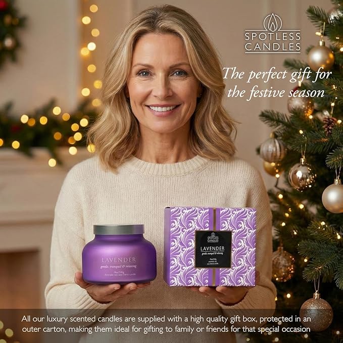 Lavender Candle 19oz Volcano Jar with Wooden Wick Upto 75 Hours Burn Time in a Large 4" x 5" Solid Purple Glass Jar in a Luxury Gold Foil Gift Box