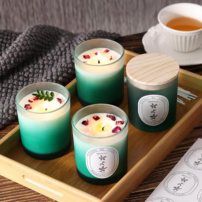 REISEN 12Pcs Gradient Green Candle Jars for Making Candles, 10oz Glass Jars with Bamboo Lids, Candle Wick Kit and Sticky Warning Labels, Candle Containers Vessels for DIY Gifts