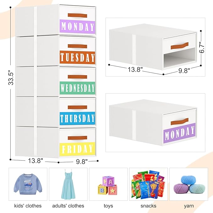 Stackable Storage Drawers - Pull Out Storage Bins with Drawers for Closet Clothes Organizers with Weekly Labels & Clear Window, Closet Shelf Storage for Bedroom, Living Room, 5 Pack, White
