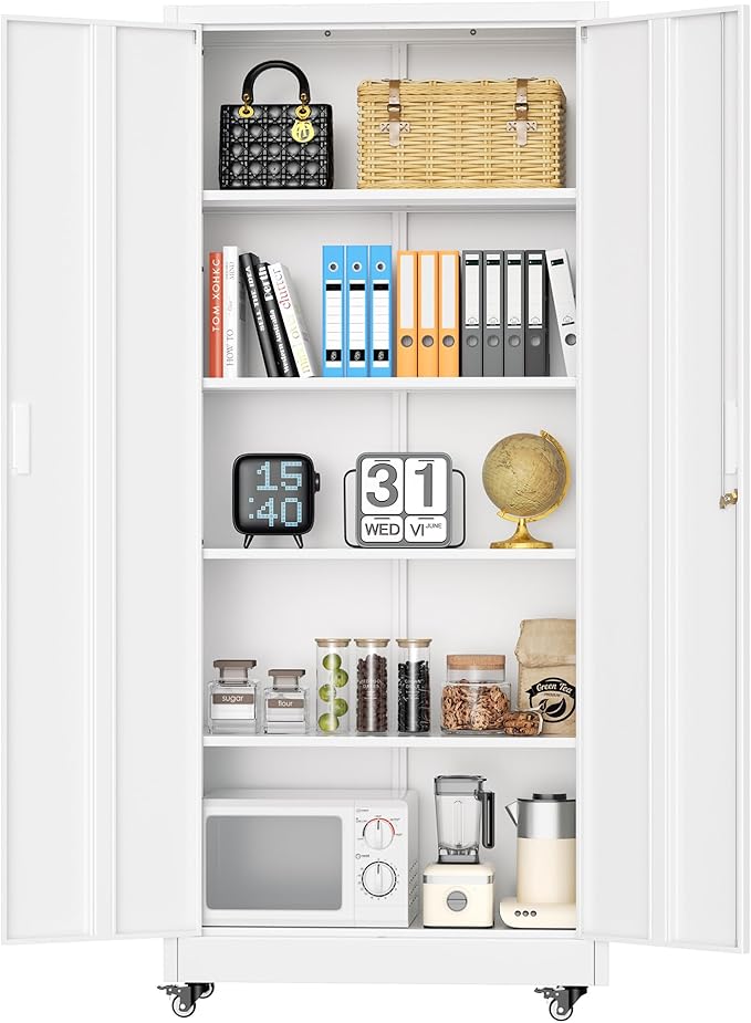 Superday 73" Metal Storage Cabinet with Wheels, Lockable Steel Utility Cabinet with 2 Doors and 4 Adjustable Shelves, Rolling Storage Cabinets for Garage, Home Office, Kitchen Pantry, White