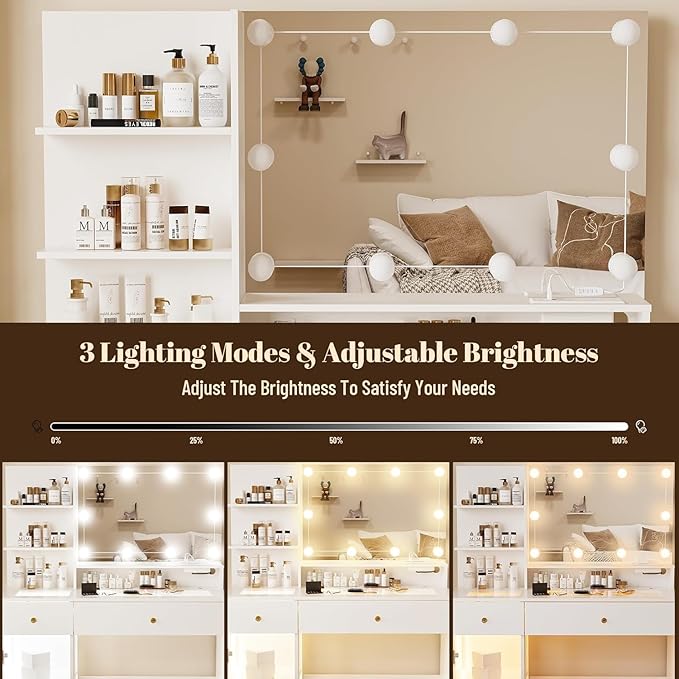 Vanity Desk with Mirror and Lights, Modern Glass Top Makeup Vanity Set with Power Outlet, Drawers and Cabinet, 3 Lighting Color Adjustable Dressing Table for Bedroom