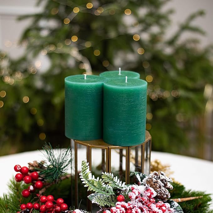 CANDWAX 3x4 Inch Green Pillar Candles Set of 3 - Unscented Dripless Rustic Green Candles for Special Occasions, Weddings, Home Décor, Christmas Decorations