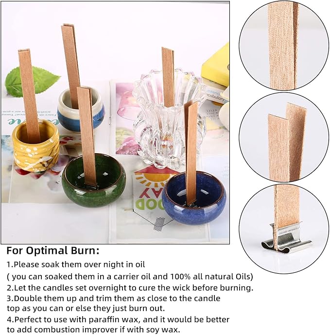 200 pcs Wooden Wicks for Soy Candle Making,6 inch Crackling Wooden Wicks/Slow Burning Candle Wick with Metal Base Clip 100 Sets
