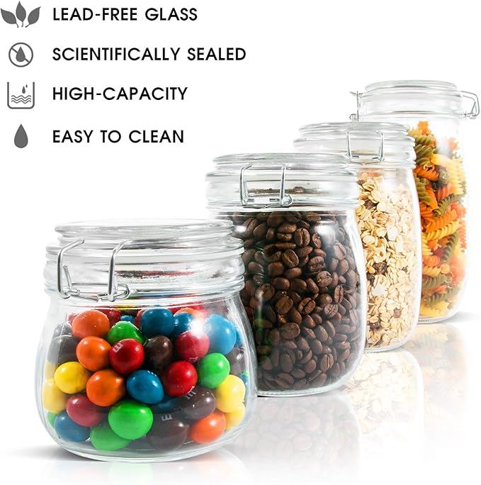 MASTERTOP 4pcs Glass Jars, Food Storage Containers Set with Airtight Lids, Canister Sets for Kitchen Counter, Cookies Sugar Coffee Nuts Spices, 15pcs Reusable Food Storage Bags, 50oz, 33oz, 26oz, 17oz