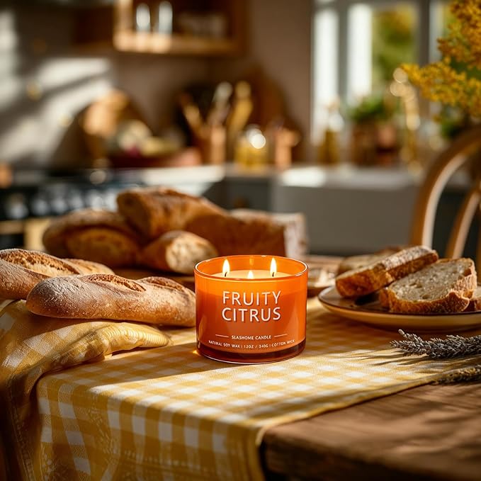 Fruity Citrus Scented Candle, Luxury Large 3 Wick Soy Candle 12 Oz, 60+ Hour Long Lasting Clean Burn, Elegant Aromatherapy Home Decor, Housewarming & Birthday Gift for Women & Men