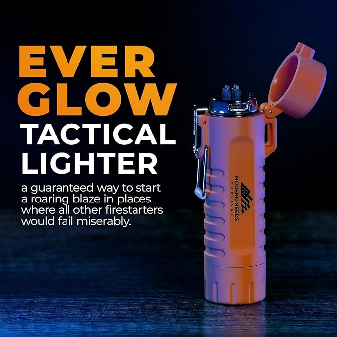 MODERN NEEDS EverGlow Tactical Lighter – USB-Rechargeable Plasma Arc | Windproof & Waterproof Flameless Design with LED Flashlight | Compact Survival EDC Tool for Camping & Prepper Kits