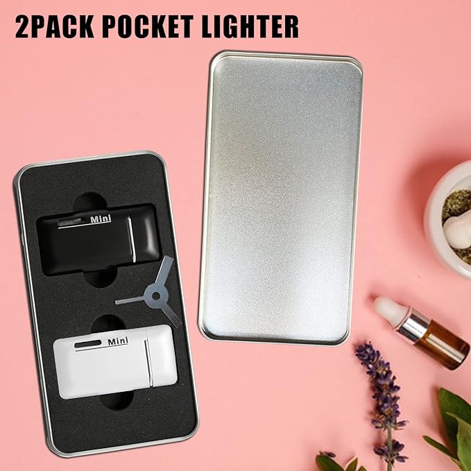2 Pack Mini Butane Lighter, Double Jet Torch Lighter with Visible Window, Refillable and Adjustable Pocket Lighter, Great Little Gift for Men and Women, Black and White (Without Gas)