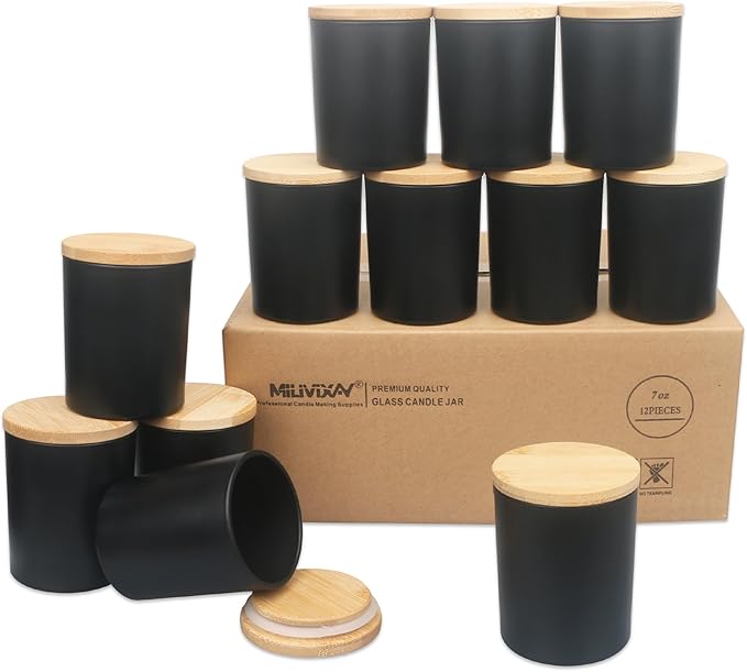 MILIVIXAY 12 Pack 7 OZ Matte Black Thick Glass Candle Jars with Lids - Bulk Empty Candle Jar for Making Candles - Spice, Powder Containers.