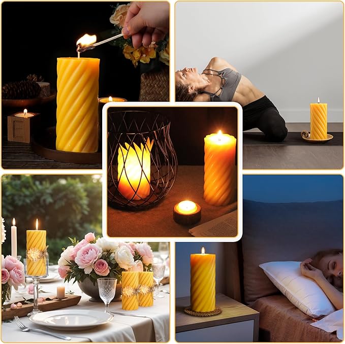 Natural Beeswax Pillar Candles,92 Hours Long Burning,100% Pure Beeswax Candles Unscented Bees Wax Candles for Home,Emergency, Dripless Beeswax Candle Bulk,2.8x6in Spiral Pillar Candles