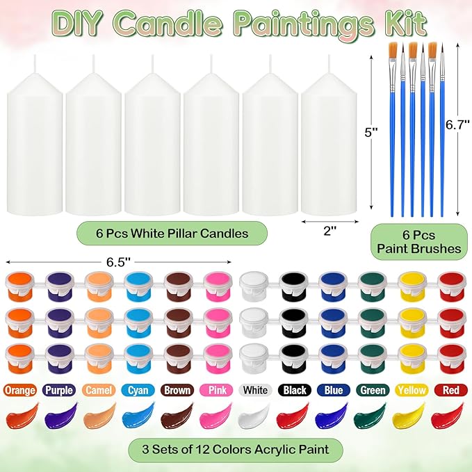 MTLEE 48 Pcs DIY Candle Painting Kit Include White Candles Colorful Acrylic Paint Strips and Paintbrushes for Crafts Making Wedding Birthday Party Centerpiece (Pillar)