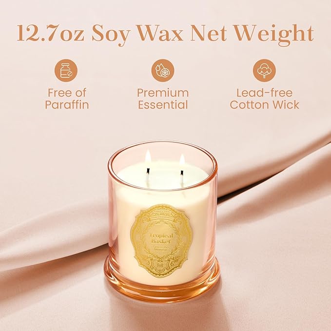 M&SENSE Tropical Basket Candles for Home Scented, 2 Wick 12.7oz Soy Wax Candles Non Toxic,70 Hours Long Burning,Christmas Candles Gift for Stress Relief, Meditation, Yoga