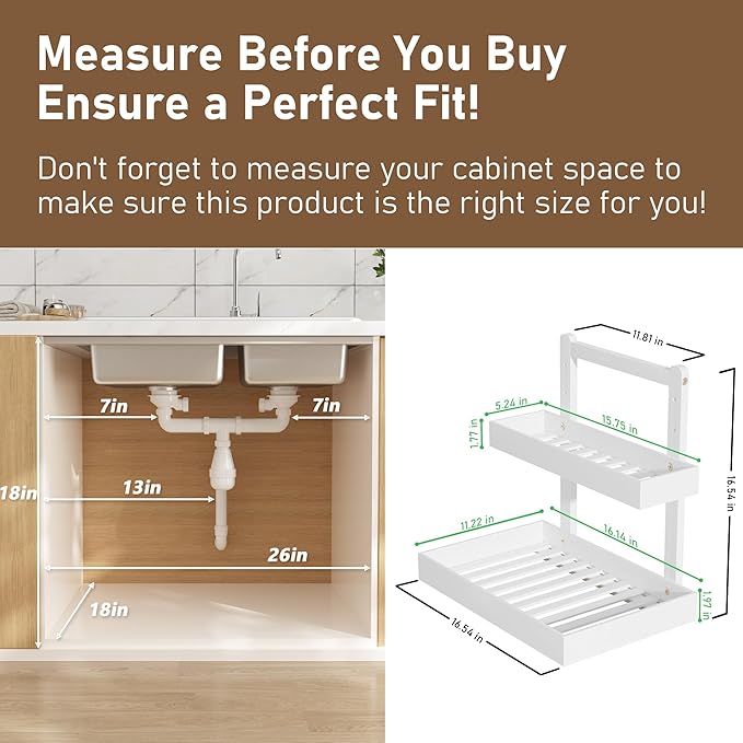 Bamboo Under Sink Organizer and Storage, 2 Tier Pull Out Cabinet Organizer, Slide Out Under Sink Storage Shelf, Undersink Organizers Shelves for Kitchen Bathroom Organization (White, 2 Packs)