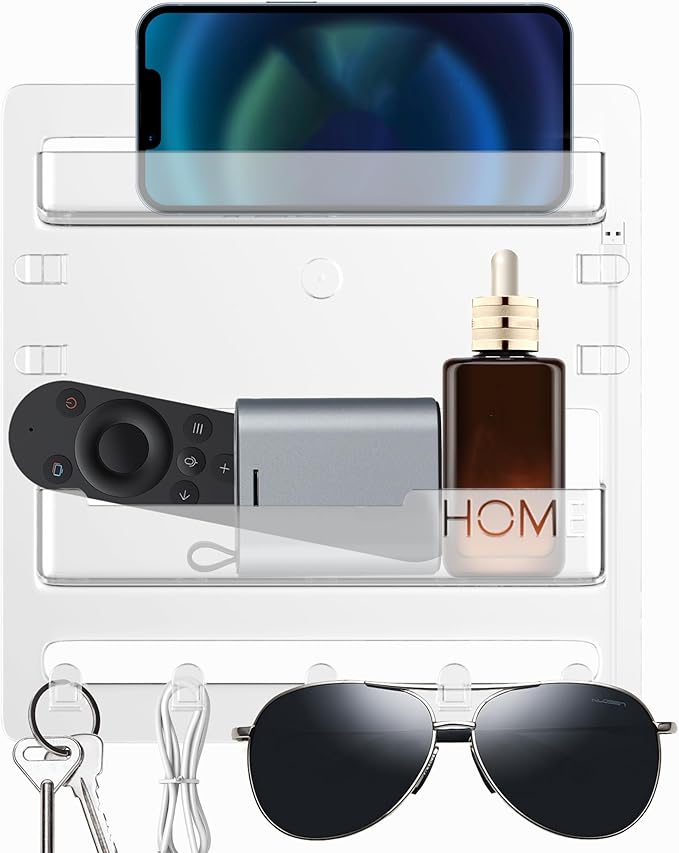 Bedside Shelf Wall Mount,Floating Bedside Adhesive Shelves Accessories,Wall Shelf Organizer and Storage for Bedroom,Camper,Dorm,Apartment-Phone,Earphone,Kindle,Remote Holder,Cable Clip,5 Hooks-Clear