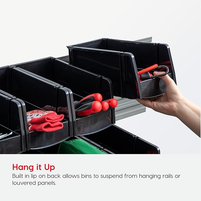 IRIS USA Medium Stackable Storage Bins, 4-Pack, 11" L x 6" W x 5" H, |Made in USA|, Plastic Open Front Shelf Bin for Organizing Parts, Hardware, Tools, Supplies, Garage Shelf, Pantry - Black