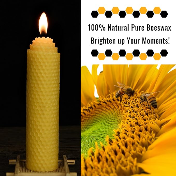 Beeswax Pillar Candles Set of 6 - Handmade Pure Beeswax Rolled Candles for Gift & Home Decor (1.5×6 in)