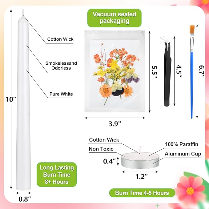 MTLEE 30 Pack Pressed Flower Candles Making Kit 6 Set Dried Pressed Flowers 12 White Taper 10 White Tealight Candles with Tweezers Brush for DIY Crafts Birthday Wedding Party Favors