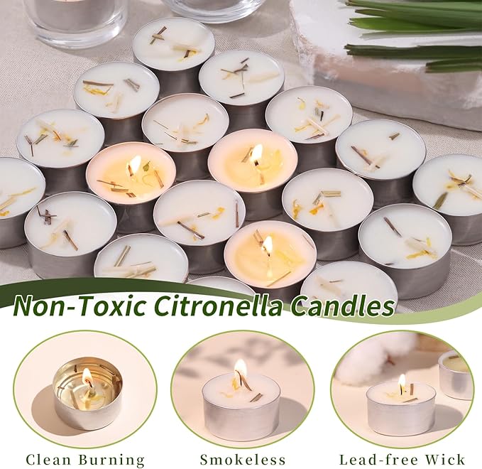 8 Pcs 6H Citronella Tealight Candles Indoor Outdoor, Decorative Scented Tealight Candles with 100% Palm Wax Base & Dried Lemongrass, Smokelss for Patio, Home, Outside Use