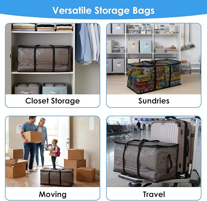 YGEOMER 6 Pack Large Moving Bags with Strong Zipper & Comfortable Handles Heavy Duty PVC Clothes Storage Bags Water-Resistant Storage Moving Boxes for College Supplies(Black, PVC)
