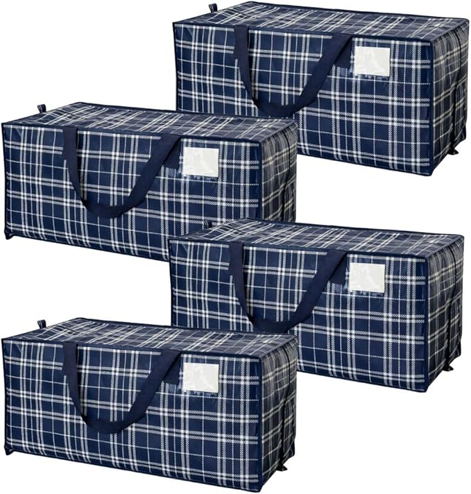 DURASACK Heavy Duty Moving Bag Storage Container Duffle Bag with Zipper, Reinforced Carry Straps and Backpack Straps, Made of Rugged Woven Polypropylene, Pack of 4, Navy Plaid