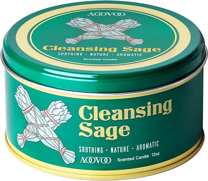 AOOVOO Sage Candle for Cleansing - 3 Wick 12oz Large Scented Candle with Crystals & Sage Leaves Inside, Soy Candles Non Toxic for Meditation Spiritual Gift, Aromatherapy Candle for Women Men