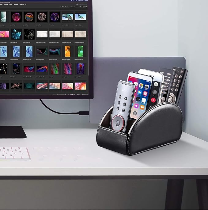 YAPISHI Large Leather TV Remote Control Holder Organizer Black with 5 Compartments Nightstand Desktop Media DVD Player Remote Tray Caddy Storage Box for Mobile Phone Pen Office Stationery Controllers