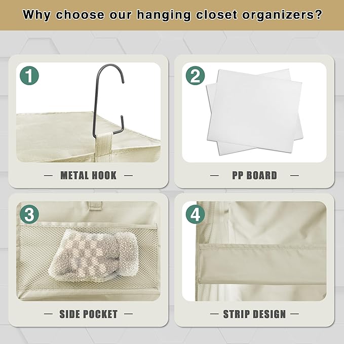 3-Shelf Hanging Closet Organizer and Storage, Foldable Hanging Closet Shelves Front Lip Design Washable Hanging Storage, Beige