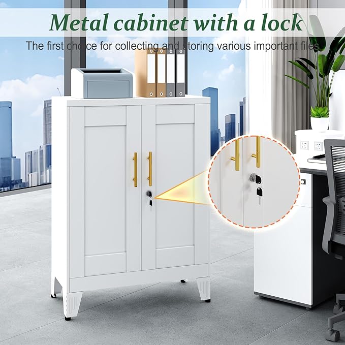 White Metal Storage Cabinet, 36" Tall Locking Storage Cabinet with 2 Adjustable Shelves, Steel Locker Organizer, for Office, Home, School, 11.81" D x 23.62" W x 35.83" H, 2PS
