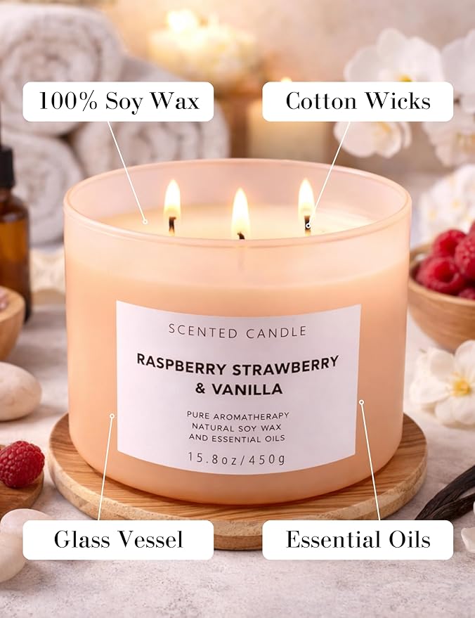 Raspberry Strawberry Vanilla 3-Wick Scented Soy Candle 15.8 oz | Large Sweet Berry Vanilla Scented Candle for Home | Relaxing Aromatherapy Candle | Strong Throw & Long Lasting