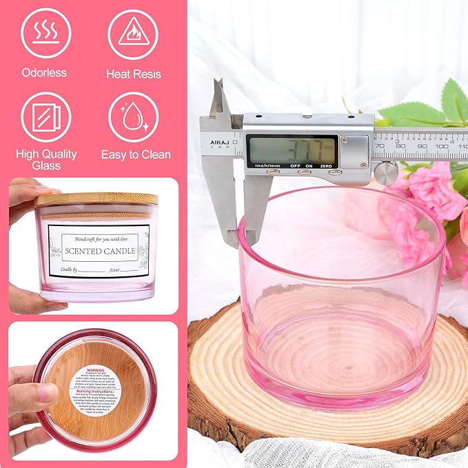 CONNOO 8 Pack 12 OZ Pink Glass Wide Mouth Candle Jars for Making Candles with Airtight Bamboo Lids Nice Sticky Warning Labels for Candle Making Empty Container Bulk - Dishwasher Safe