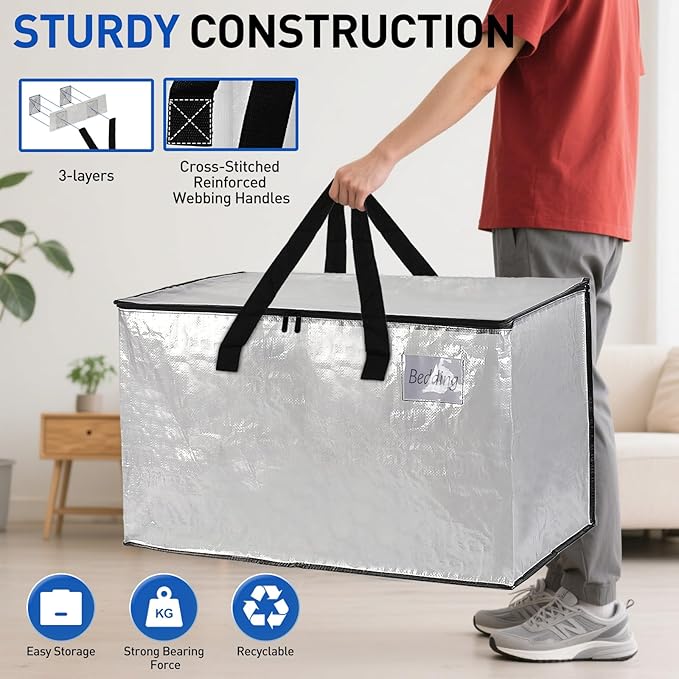 Rolett 4 Pack Extra Large Moving Bags, Heavy Duty Storage Bags with Strong Zippers & Carrying Handles, Storage Totes for Space Saving, Fold Flat, Alternative to Moving Box and bins