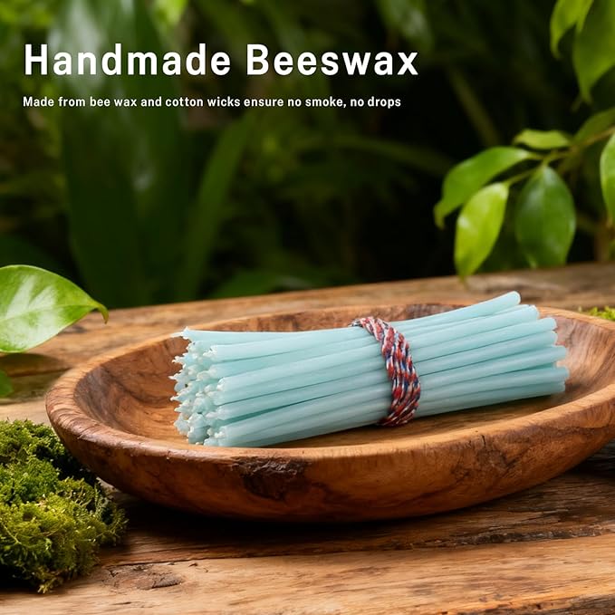 Pure Beeswax Candles, 6.3" Decorative Thin Taper Candles,Honey Scented, Dripless, Smokeless, 30min Burn Time for Birthday, Dinner, Prayer, Church, Hanukkah, Christmas (Blue, 50 pcs)