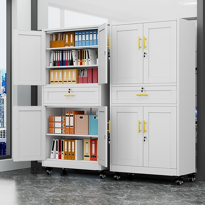 Metal Storage Cabinet with Wheels, 71" Tall Locking Storage Cabinet with 3 Adjustable Shelves, Locking Garage Cabinet, Steel Locker Organizer, for Office, Home, School, White