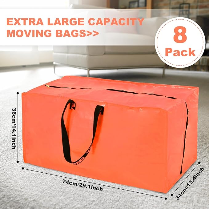 Multi Colors Moving Bags - 8 Pack Extra Large Heavy Duty Storage Bags With Zipper & Reinforce Handles | 29x14x13 Inch Moving Tote Bags Bulk For Clothing, Shoes, Travel