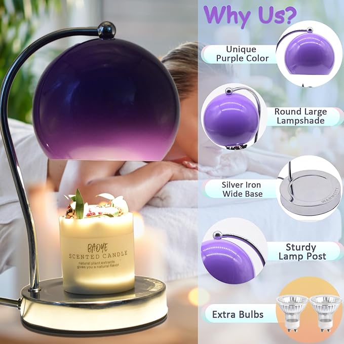 Candle Lamp Warmer, Wide Base Scented Candle Warmer with Timer and Dimmer, Adjustable Candle Melting Lattern, Home Decor Table Lamp (Purple)