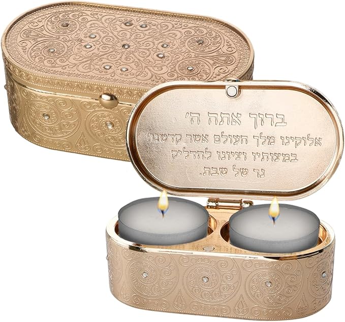 Metal Travel Size Candlesticks with Cover Inlaid with Stones 1.6 * 3.5 Inch - Filigreen Jewish Shabbat Metal Travel Candle Holders