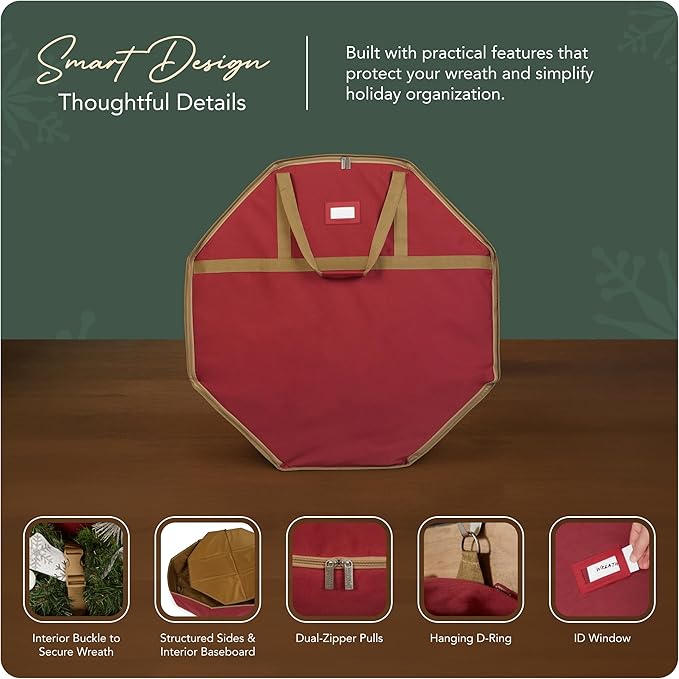 Covermates Keepsakes Deluxe Wreath Storage Bag – Heavy-Duty Polyester with Buckle Strap & Structured Interior – Protective Holiday Organizer with Handles, D-Ring & Label Window, Red