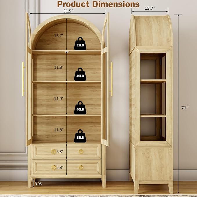 LVSOMT 71" Tall Arched Storage Cabinet with Glass Doors and Drawers, Curio Display Cabinet with Adjustable LED Light & Human Sensor, 4-Tier China Cabinet for Living Room(Wood)