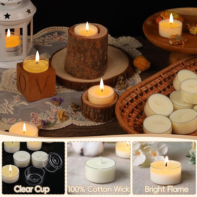 Soy Tealight Candles 120 Pack, 6 Hours Long Burning Tealights Candles Bulk, Natural Soy Wax Tea Light Candle Paraffin-Free, Unscented Small Tea Candle for Emergency,Dinner
