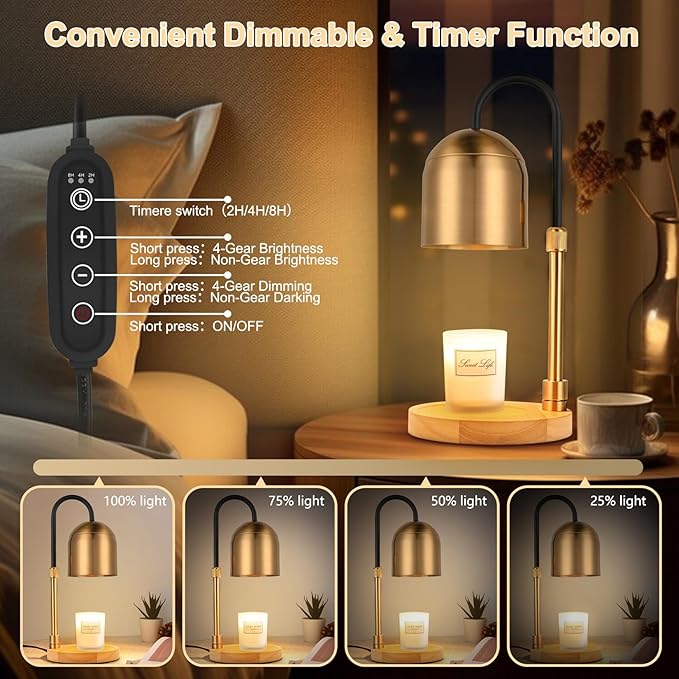 Candle Warmer Lamp with Timer & 3 Bulbs, Dimmable Electric Candlelight Adjustable Height and Brightness Candle Wax Warmer for Jar Candles Bedroom Home Decor House Warming Gift for Women (Round Gold)