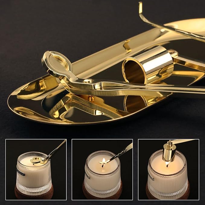 MrMrKura 4 in 1 Candle Accessory Set, Candle Snuffer, Candle Wick Cutter, Candle Dipper, Storage Tray Plate, Candle Care Kit with Velvet Pouch for Candle Lover (Gold)