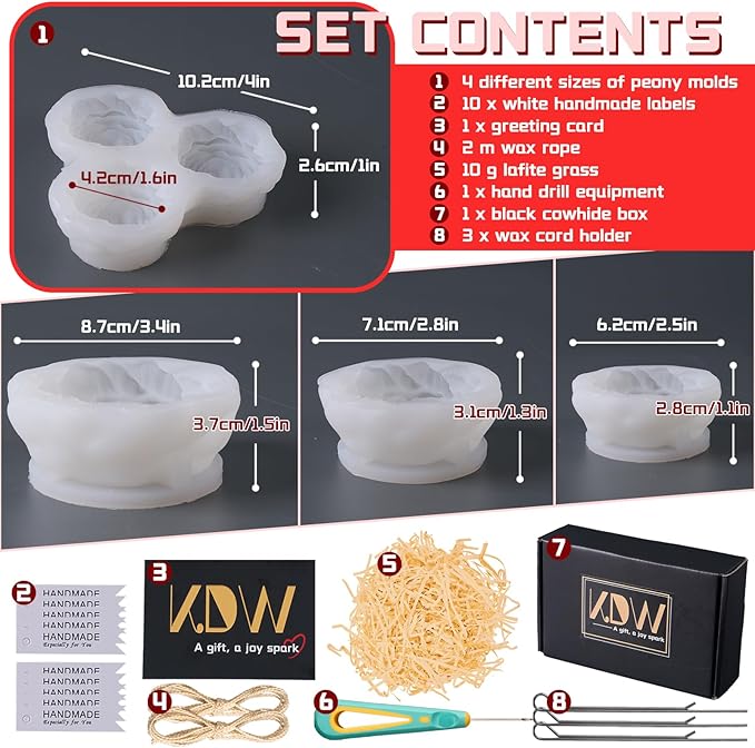 Peony Candle Making Kit with Candle Wicks Flower Silicone Mold for Candle Making Molds Set of Large + Medium + Small + 3 Cavities Peony Silicone Candle Mold Flower Wax Mold Soap Mould