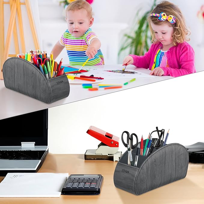 SITHON Remote Control Holder with 5 Compartments - PU Leather Remote Caddy Desktop Organizer Store TV, DVD, Blu-Ray, Media Player, Heater Controllers, Woodgrain Gray
