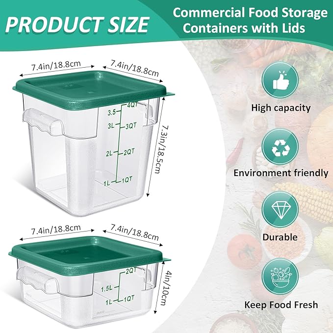 Yungyan 16 Pcs Restaurant Food Storage Containers with Lids Set 2Qt and 4Qt Commercial Restaurant Square Storage Containers Clear Food Cereal Container for Kitchen Freezer (Green Lids)