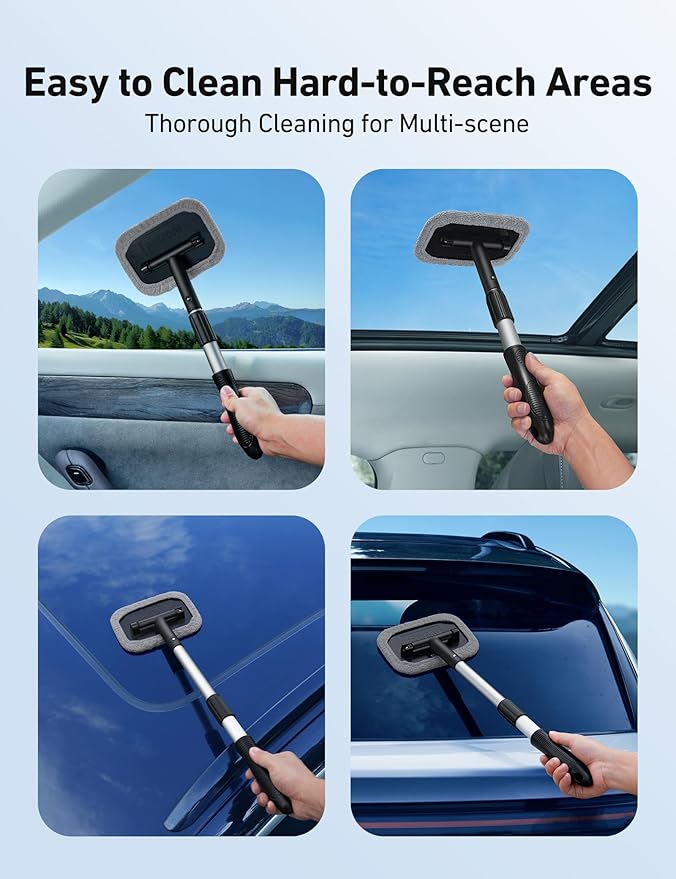 AstroAI Windshield Cleaner Tool, Microfiber Car Window Cleaner with 4 Reusable and Washable Microfiber Pads and Extendable Handle Auto Inside Glass Wiper Kit, Gray