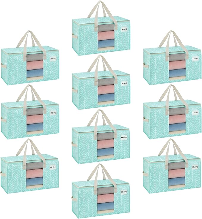 VENO 10 Pack Heavy Duty Moving Bags, Clothes and Comforter Storage Bags with Clear Window, College Dorm Essentials Packing Supplies, Foldable Boxes Alternative (Evergreen, 10 Pack)