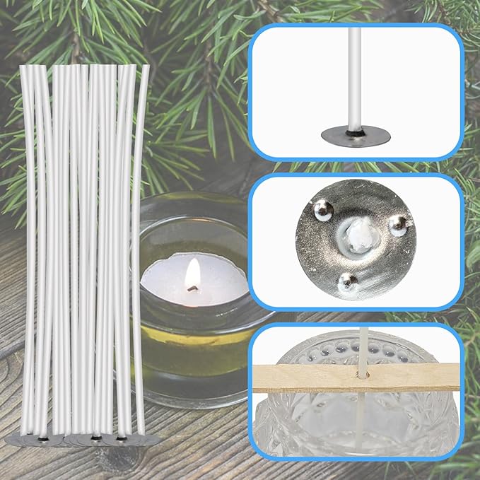 150 Pcs Candle Wicks Kit, Pre Waxed Cotton Wick with 150 Pcs Wick Stickers and 10 Pcs Candle Wick Holders for Soy Wax, Beeswax, Coconut Wax Candle Making and DIY