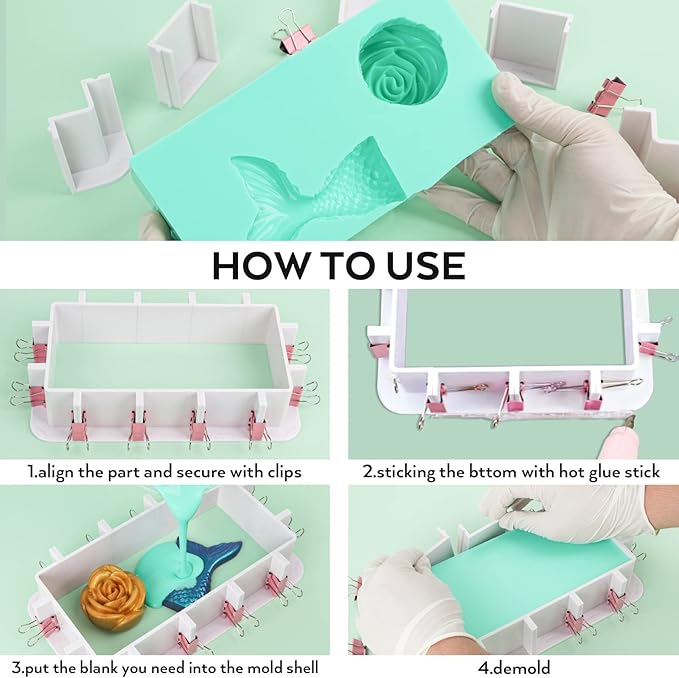 Nicpro Adjustable Molds Housing for Silicone & Resin Molds, Reusable Plastic Frame with Binder Clips & Double-Sided Tape for Soap & Candle Making