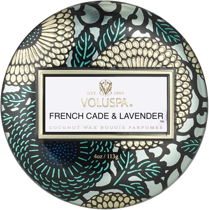 Voluspa French Cade Lavender, Mini Tin Candle, 4 oz, 25 Hour Burn Time, Coconut Wax for Clean Burning, Handcrafted in The USA